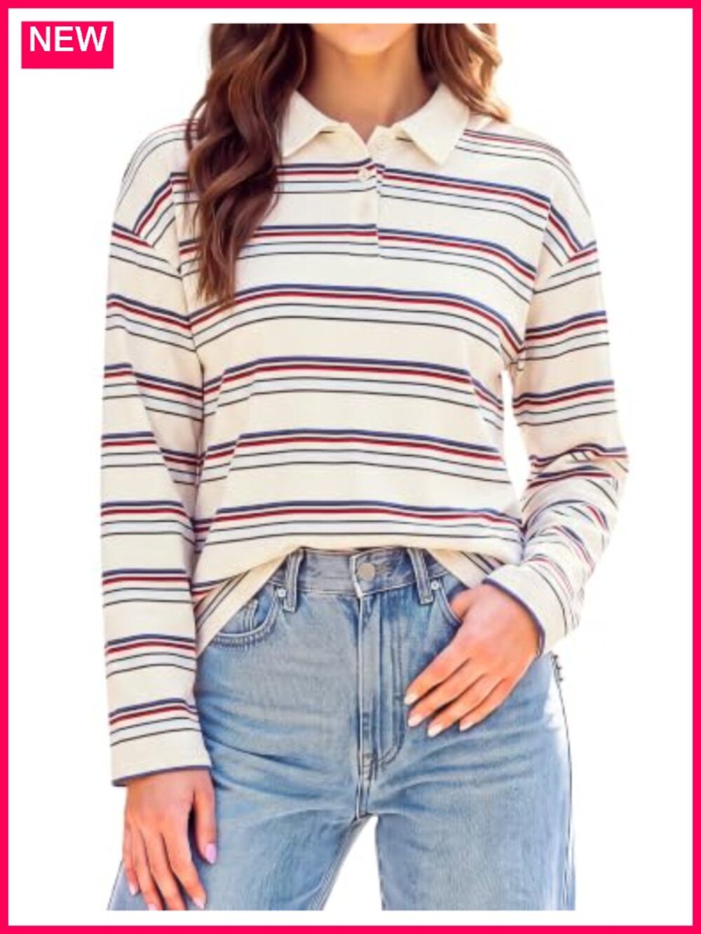 Women Rugby Polo Shirt Striped Long Sleeve Y2K Cotton Blend Pullover